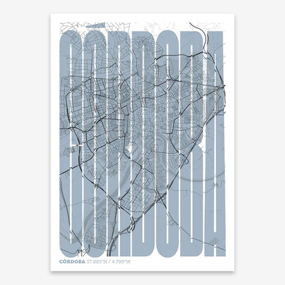 The map of Cordoba and letters of its name in a giclée print designed in black and white