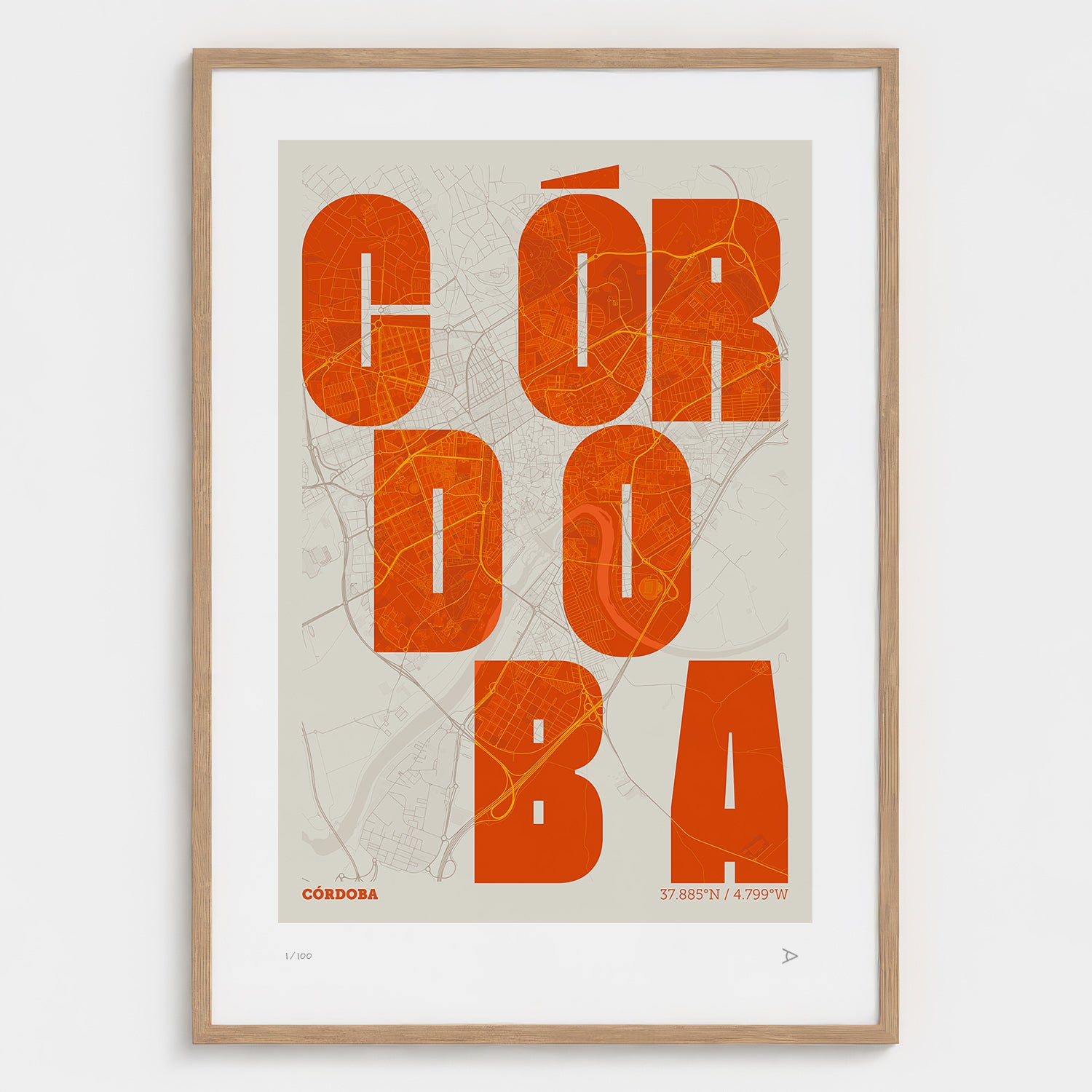 Lámina tipográfica de Cordoba – diseño Revoltosa, marco de madera natural