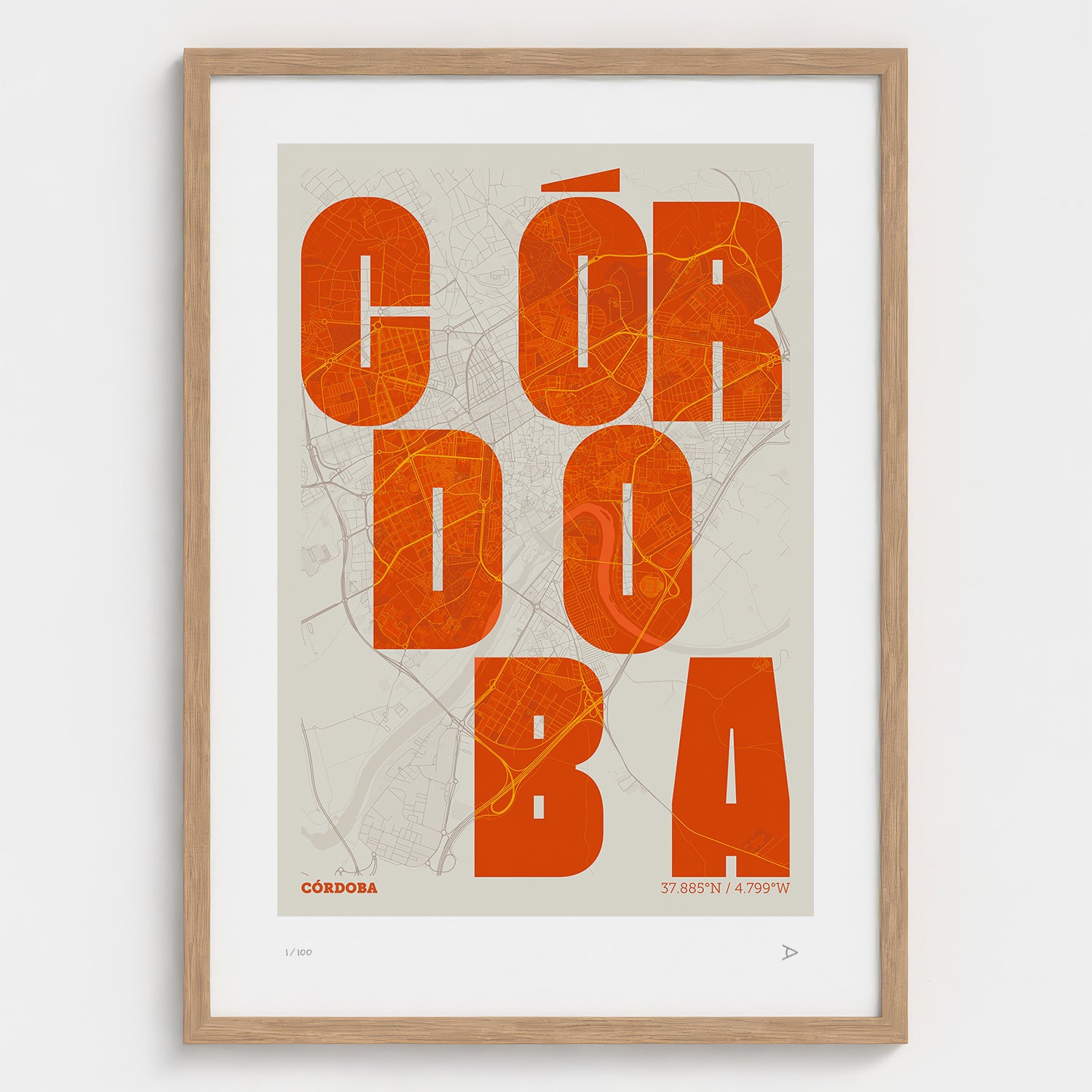 Lámina tipográfica de Cordoba – diseño Revoltosa, marco de madera natural