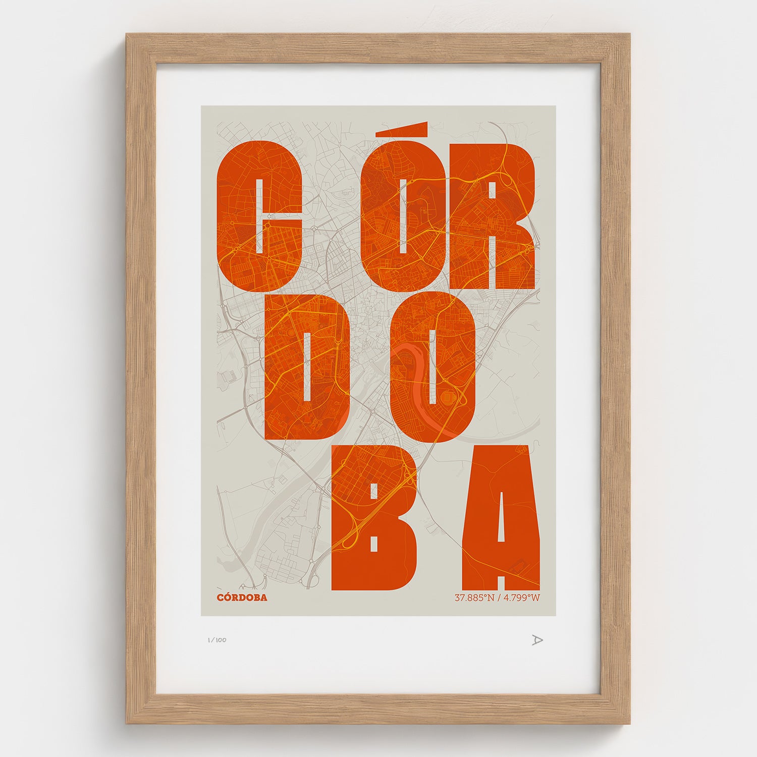 Lámina tipográfica de Cordoba – diseño Revoltosa, marco de madera natural