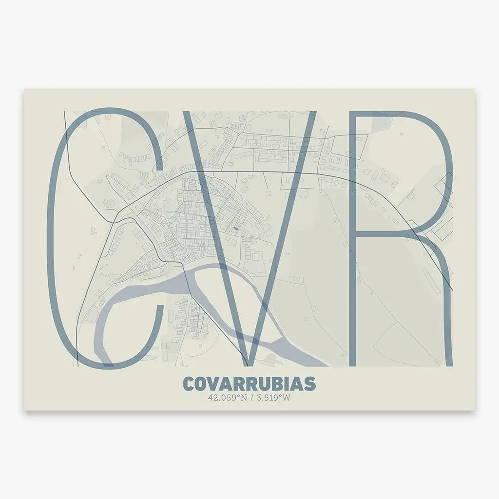 The map of Covarrubias with letters of its name placed randomly, designed in bluish gray and an off-white background