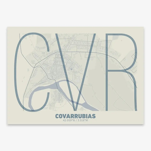 Mapa de Covarrubias en el diseño la Ultrafina, una estética minimalista que combina cartografía urbana con letras modernas, finas y elegantes diseñado en gris azulado y fondo blanco roto