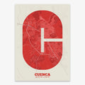 Decorative print of Cuenca composed with letters in a heavy geometric font printed on red and an off-white background