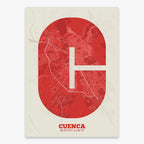 Decorative print of Cuenca composed with letters in a heavy geometric font printed on red and an off-white background
