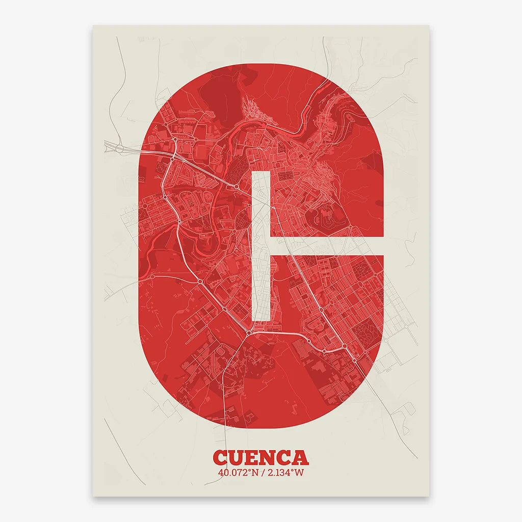 Decorative print of Cuenca composed with letters in a heavy geometric font printed on red and an off-white background