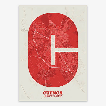 Decorative print of Cuenca composed with letters in a heavy geometric font printed on red and an off-white background