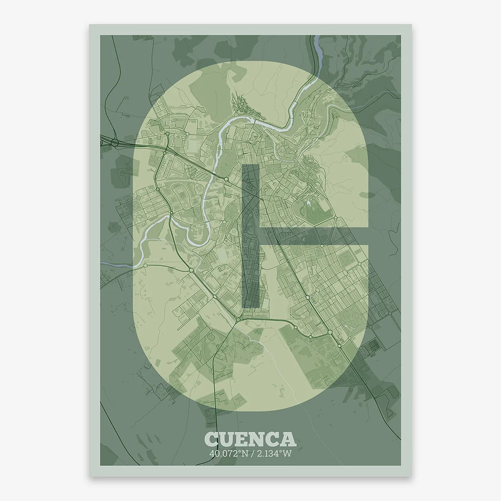 Decorative print of Cuenca composed with letters in a heavy geometric font printed on two green tones