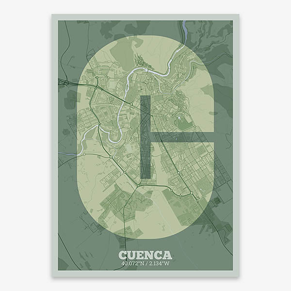 Decorative print of Cuenca composed with letters in a heavy geometric font printed on two green tones
