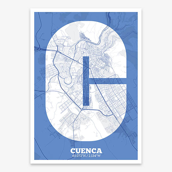 Decorative print of Cuenca composed with letters in a heavy geometric font printed on navy blue and white