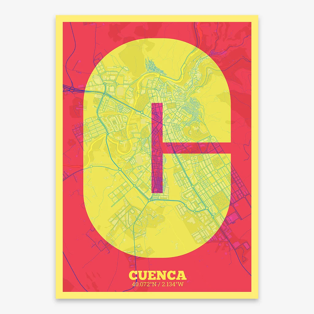 Decorative print of Cuenca composed with letters in a heavy geometric font printed on yellow and fuchsia