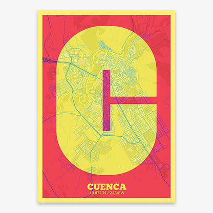 Decorative print of Cuenca composed with letters in a heavy geometric font printed on yellow and fuchsia