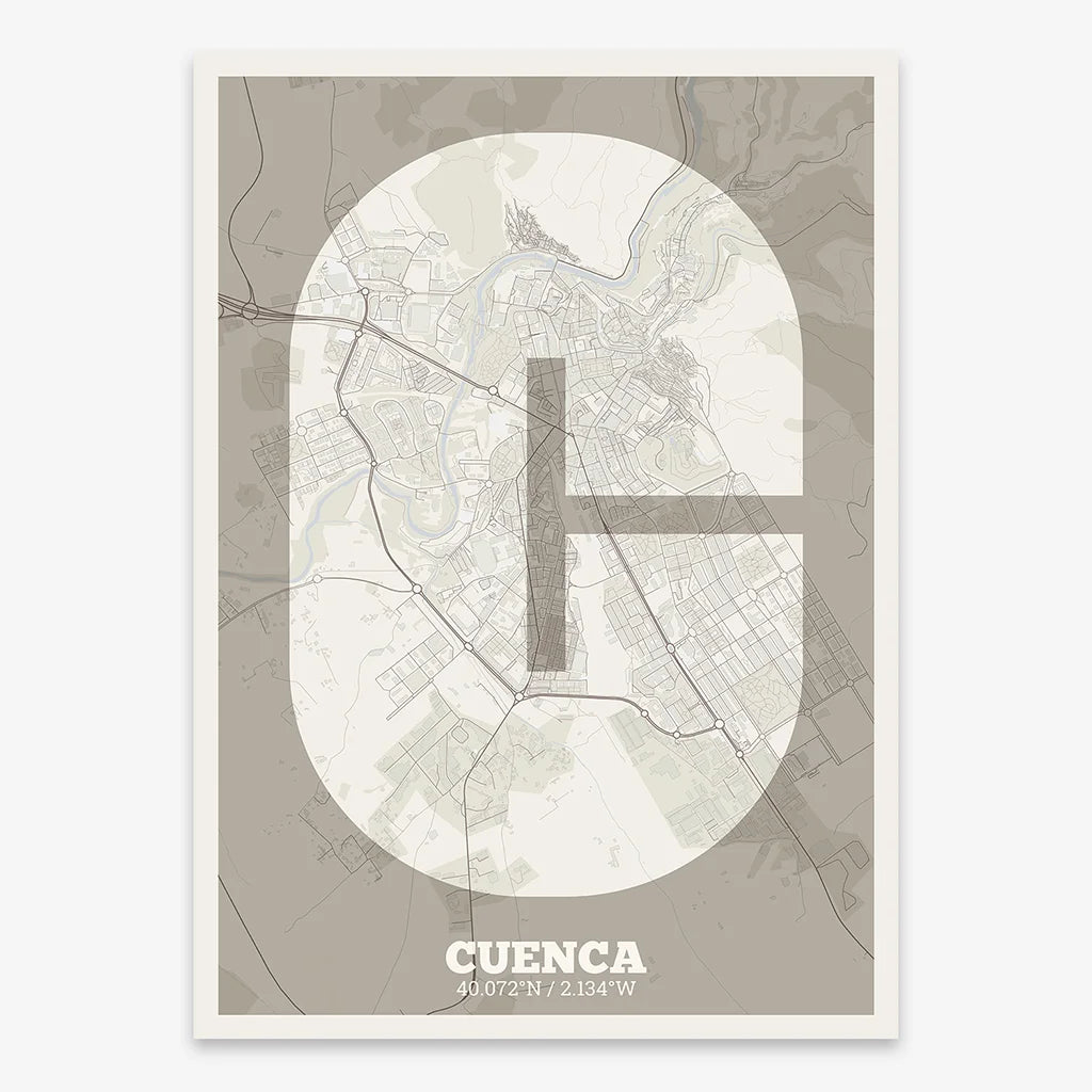 Decorative print of Cuenca composed with letters in a heavy geometric font printed on light brown and an off-white background
