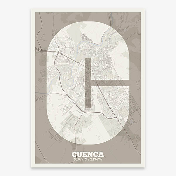 Decorative print of Cuenca composed with letters in a heavy geometric font printed on light brown and an off-white background
