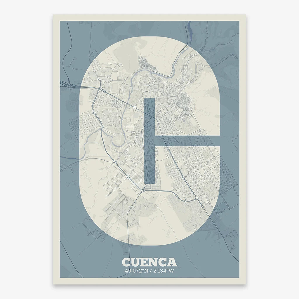 Decorative print of Cuenca composed with letters in a heavy geometric font printed on bluish gray and an off-white background