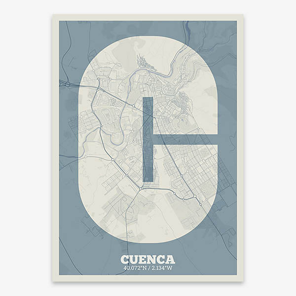 Decorative print of Cuenca composed with letters in a heavy geometric font printed on bluish gray and an off-white background