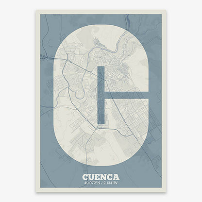 Decorative print of Cuenca composed with letters in a heavy geometric font printed on bluish gray and an off-white background