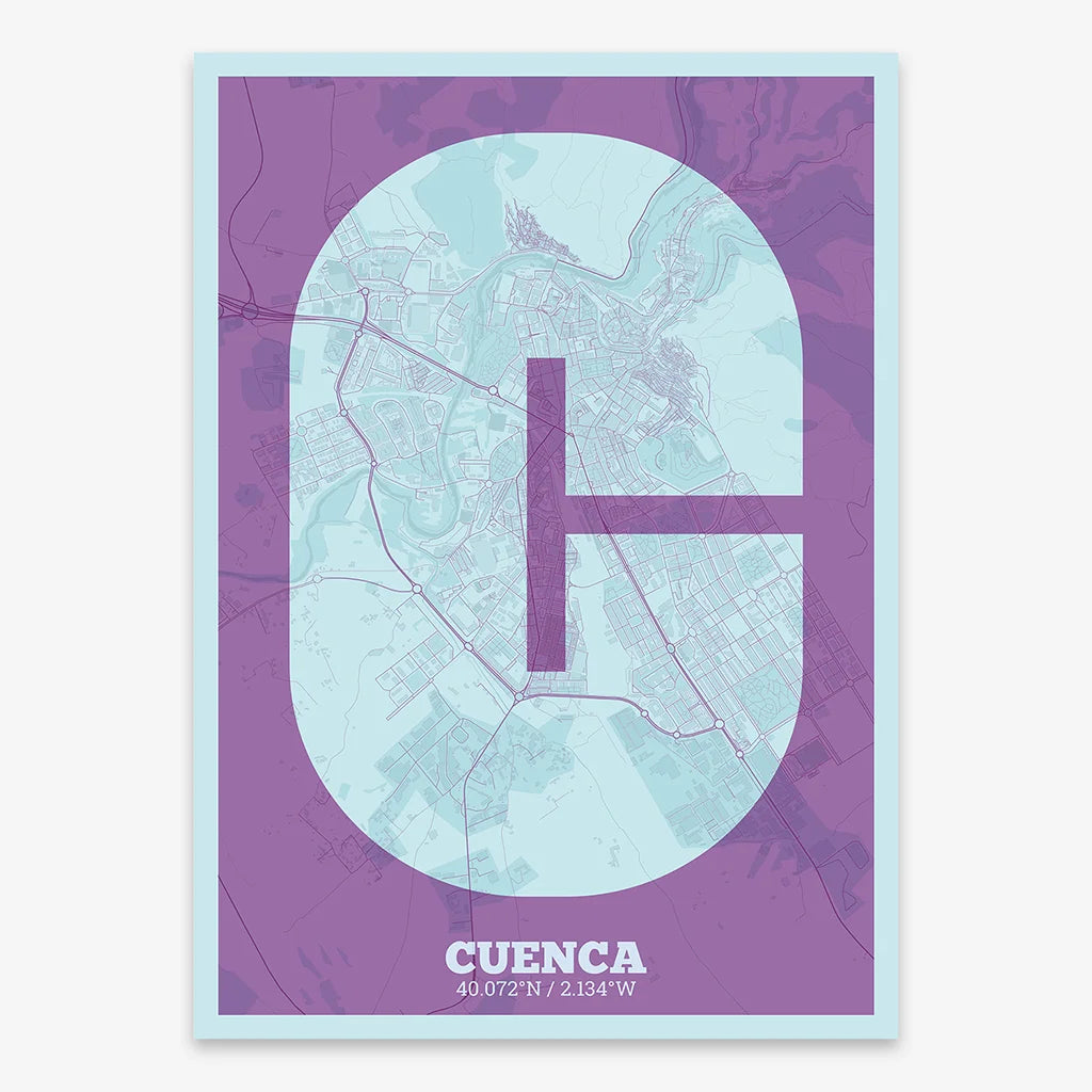 Decorative print of Cuenca composed with letters in a heavy geometric font printed on purple and light blue