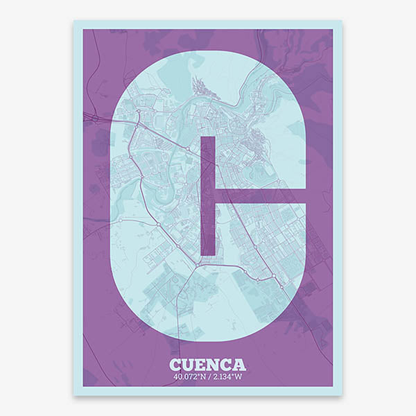 Decorative print of Cuenca composed with letters in a heavy geometric font printed on purple and light blue