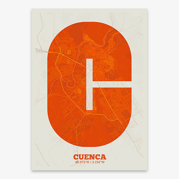 Decorative print of Cuenca composed with letters in a heavy geometric font printed on orange and an off-white background