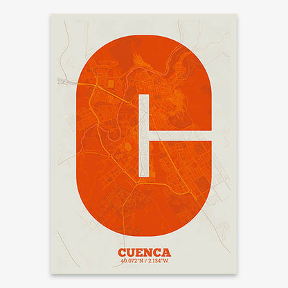 Decorative print of Cuenca composed with letters in a heavy geometric font printed on orange and an off-white background