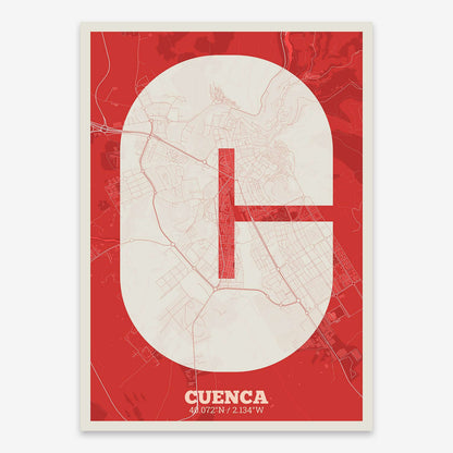 The map of Cuenca composed with letters in a heavy geometric font printed on red and an off-white background