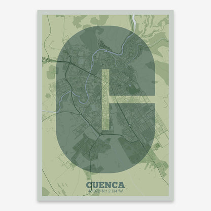 The map of Cuenca composed with letters in a heavy geometric font printed on two green tones
