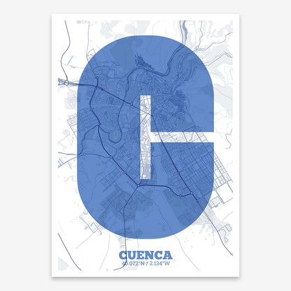 The map of Cuenca composed with letters in a heavy geometric font printed on navy blue and white