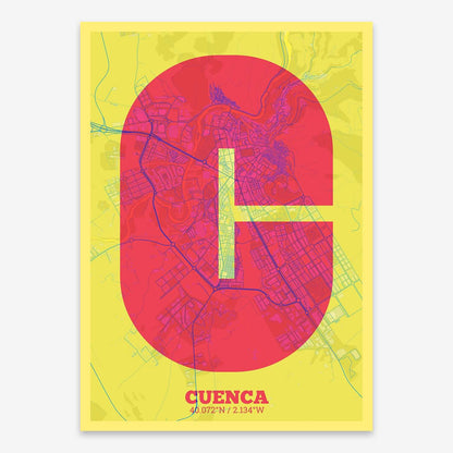 The map of Cuenca composed with letters in a heavy geometric font printed on yellow and fuchsia