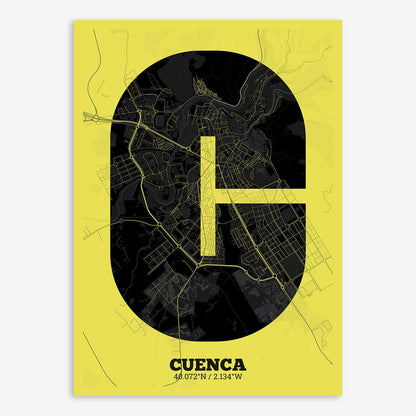 The map of Cuenca composed with letters in a heavy geometric font printed on black and yellow