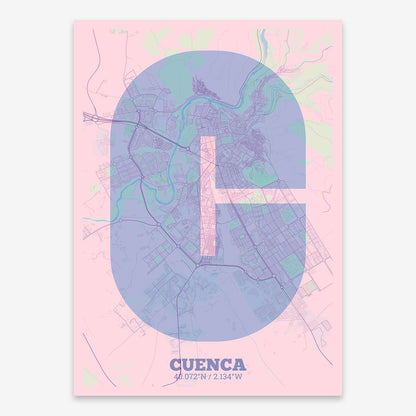 The map of Cuenca composed with letters in a heavy geometric font printed on pink and light blue