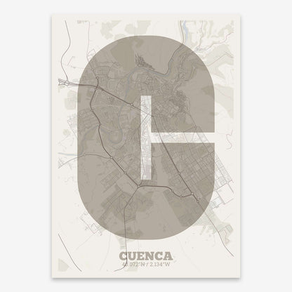 The map of Cuenca composed with letters in a heavy geometric font printed on light brown and an off-white background