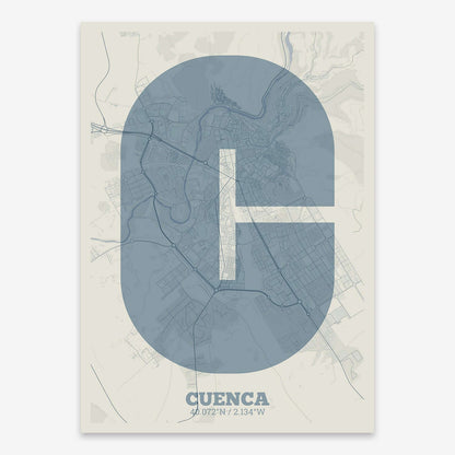 The map of Cuenca composed with letters in a heavy geometric font printed on bluish gray and an off-white background