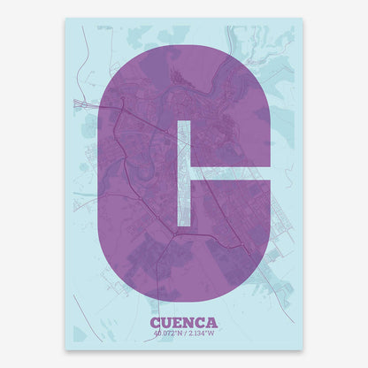 The map of Cuenca composed with letters in a heavy geometric font printed on purple and light blue