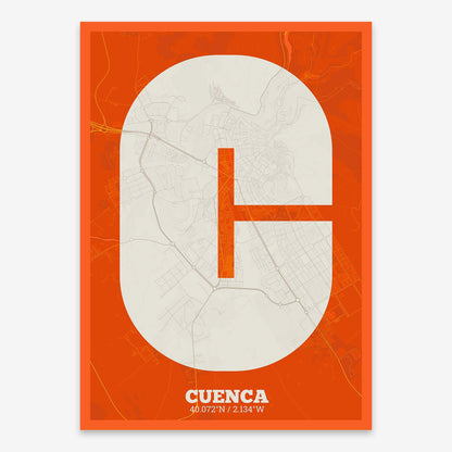 The map of Cuenca composed with letters in a heavy geometric font printed on orange and an off-white background
