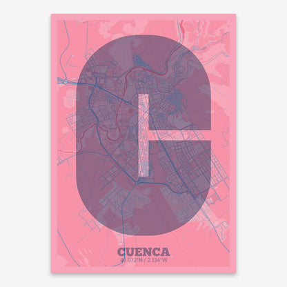 The map of Cuenca composed with letters in a heavy geometric font printed on violet y pink background