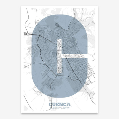 The map of Cuenca composed with letters in a heavy geometric font printed on black and white