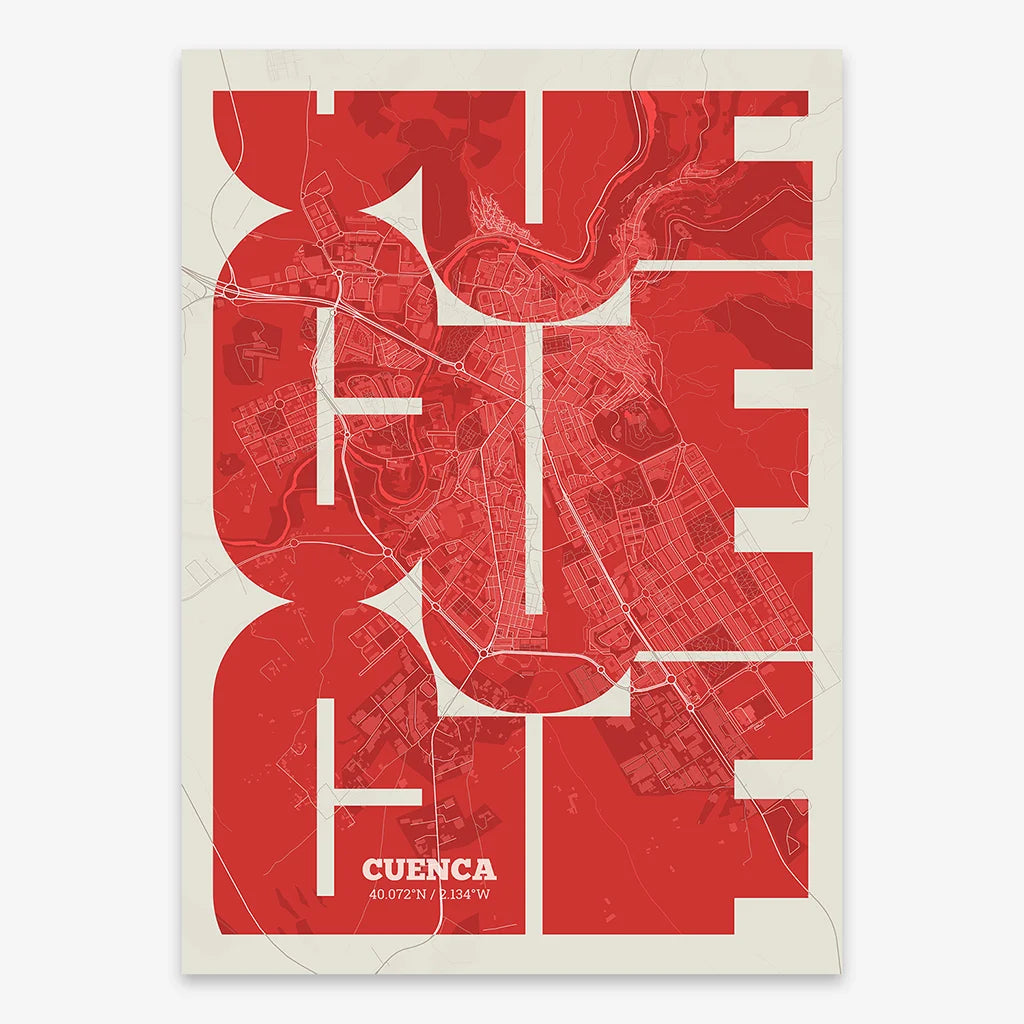 Poster of Cuenca composed with letters from its abbreviation or its airport IATA code printed on red and an off-white background