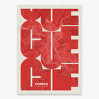 Poster of Cuenca composed with letters from its abbreviation or its airport IATA code printed on red and an off-white background