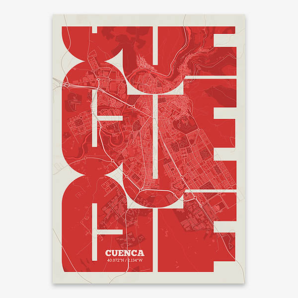 Poster of Cuenca composed with letters from its abbreviation or its airport IATA code printed on red and an off-white background