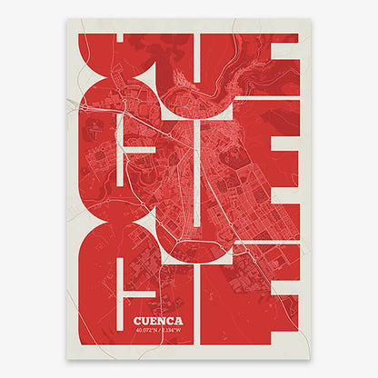 Poster of Cuenca composed with letters from its abbreviation or its airport IATA code printed on red and an off-white background