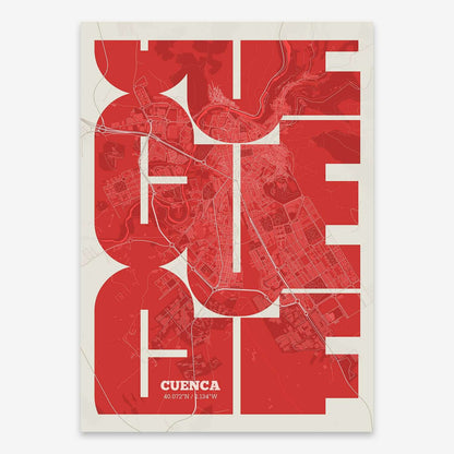 The map of Cuenca composed with letters from its name or IATA code printed on red and an off-white background