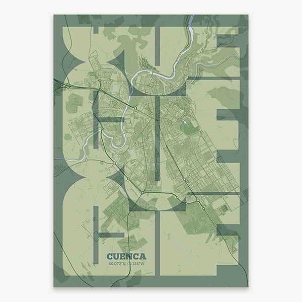 Poster of Cuenca composed with letters from its abbreviation or its airport IATA code printed on two green tones