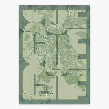 Poster of Cuenca composed with letters from its abbreviation or its airport IATA code printed on two green tones