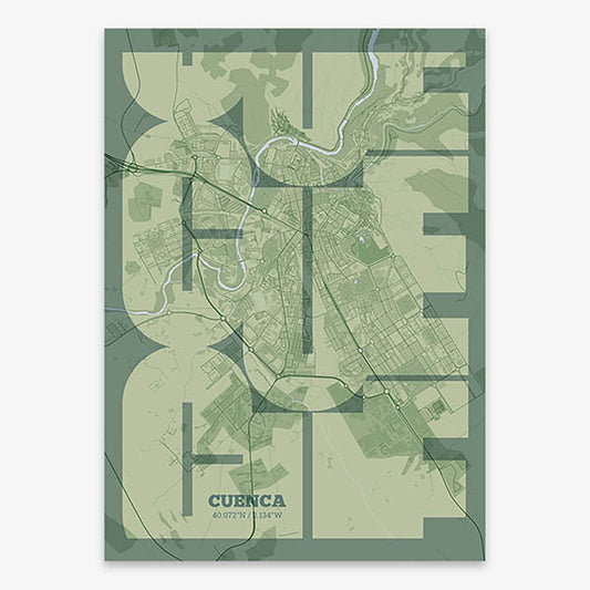 Poster of Cuenca composed with letters from its abbreviation or its airport IATA code printed on two green tones