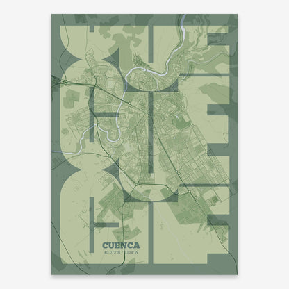 The map of Cuenca composed with letters from its name or IATA code printed on two green tones