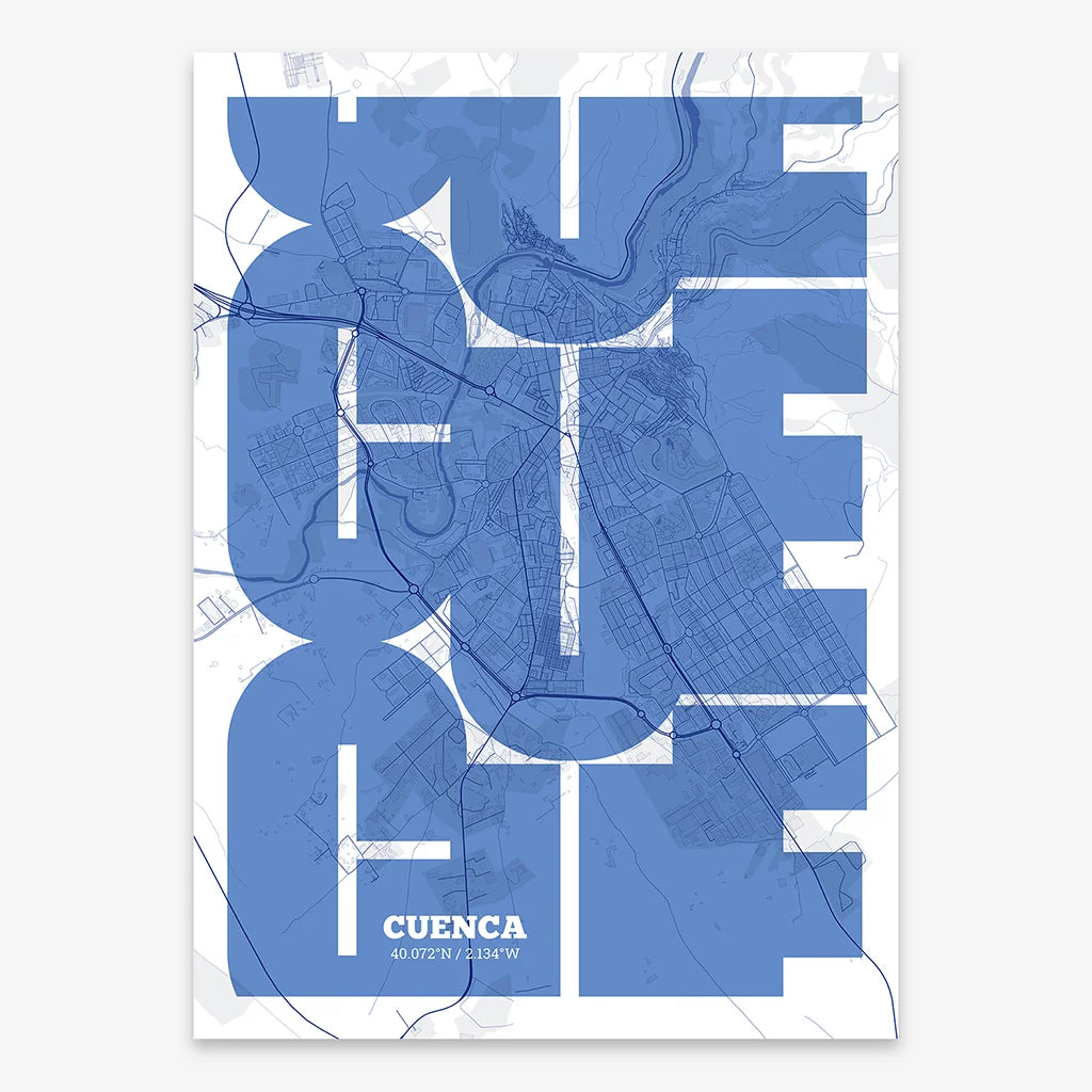 Poster of Cuenca composed with letters from its abbreviation or its airport IATA code printed on navy blue and white