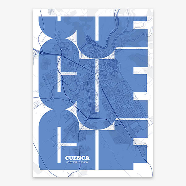 Poster of Cuenca composed with letters from its abbreviation or its airport IATA code printed on navy blue and white
