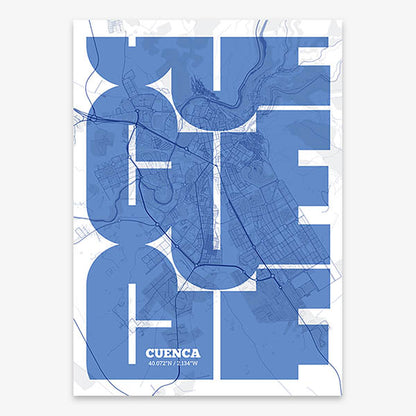 Poster of Cuenca composed with letters from its abbreviation or its airport IATA code printed on navy blue and white