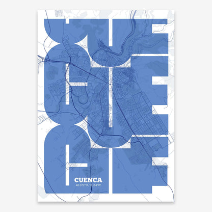 The map of Cuenca composed with letters from its name or IATA code printed on navy blue and white