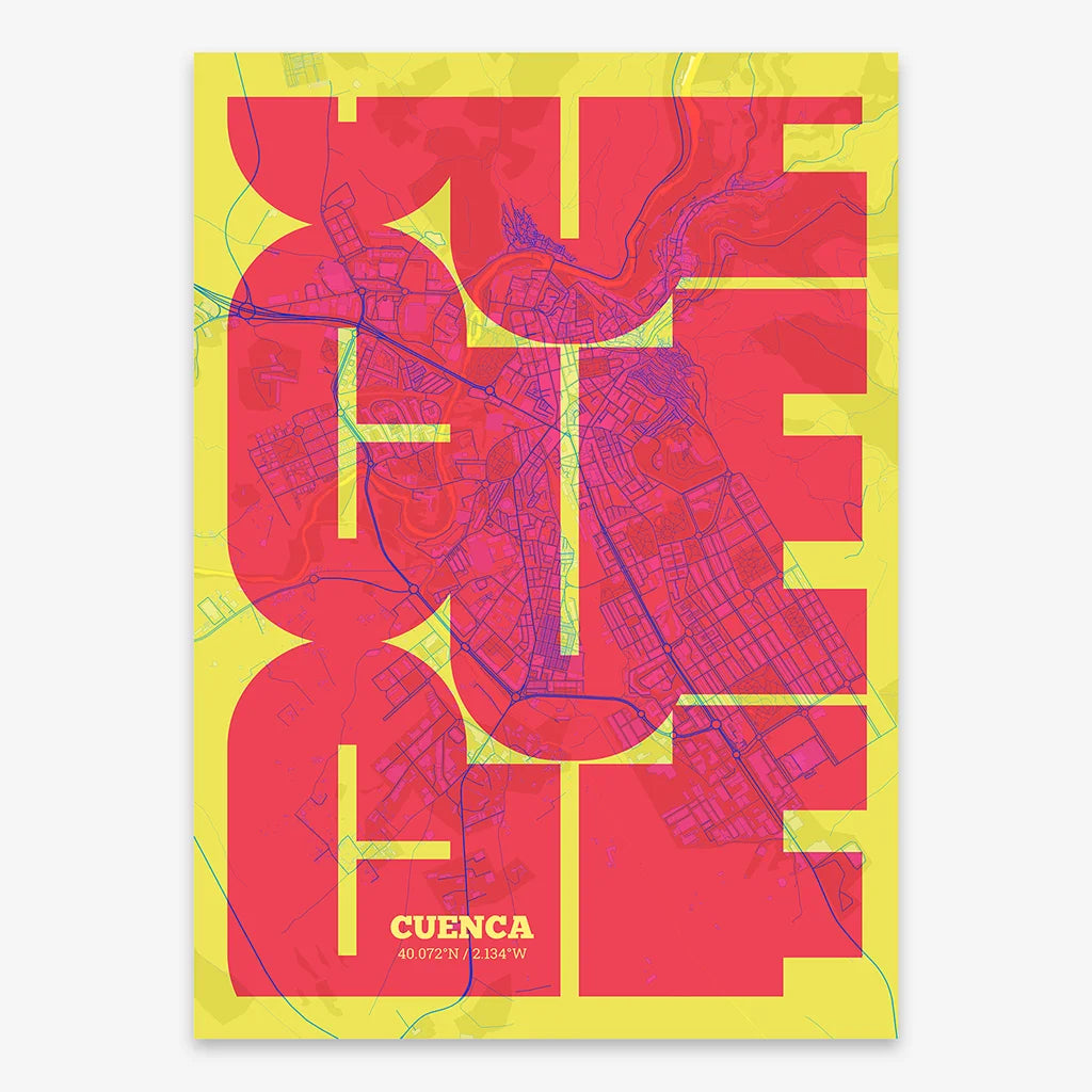 Poster of Cuenca composed with letters from its abbreviation or its airport IATA code printed on yellow and fuchsia